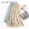 Larga calças de pernas de seda mulheres calças de verão perna calças soltas tornozelo comprimento casual cintura elástica rzby110 211008