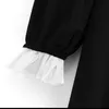 Czarny stały aksamitny przycisk Peter Pan Collar Ruffle Lace Długi rękaw Mid-Calf Dress Elegant Winter Autum Prosto D1486 210514