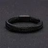 Mkendn Punk Men Leather Bracelet Black Stainless Steel Magnetic Clasp Braided Woven Bangle Pulseras Lovers' Gift