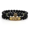 Link, Corrente 2 PCS / Set Stone Natural 4 Estilo Bead Homem Braceletes Pave Cz Pequena Coroa e Bola Pulseira Clássico Matte Preto Jóias