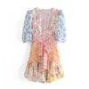 Foridol Patchwork imprimé floral Mini robe pour femmes asymétrique à volants Sexy robe de soirée manches bouffantes Boho plage robe d'été 210415