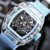 Montre de Luxe Mens Watches Manual Mechanical Movement Full Glass Relojes Case Rubber Strap Hollow Out Design Luxury Watch Wristwatches