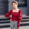 Sexy Blusen Damen Weinrot Schwarz Herbst Langarm Slim Casual Blusas Weiblich Abgeschnitten Top Mode Koreanische Hemden 210506