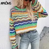 Практики многоцветные заблокированные вязаные пуловер женские летние повседневные вспышки рукава вылапыт свитер крутые девушки мода джемпер 210914