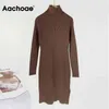 Aachoae Solide Tricoté Longue Robe Femmes Automne Hiver Col Roulé À Manches Longues Robe Pull Lady Split Lâche Casual Robe Robes 211110