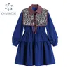 Franse vintage blauwe damesjurk met chique sjaal hoge taille slank gedrapeerde vestidos vrouwelijke elegante partij club Crop shirts Frocks 210515
