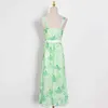 Print groene zomerjurk voor vrouwen vierkante kraag mouwloze hoge taille sjerpen Mid jurken vrouwelijke mode 210520