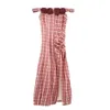 Women Strap Off Shoulder Rose Plaid Red Knee Length Pencil Dress Summer Elegant D1068 210514