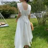 夏のパーティービーチのドレス女性正方形の襟飛ぶ袖マキシドレス韓国のエレガントなスリムヴェスティドフェムミ服210601