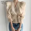 Ruffled Deep V-Neck Silk Shirt Mode Kvinna Vintage Slimming Chiffon Blus Solid Sweet Flare Sleeve Kvinnans skjorta 10334 210528