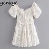 Sexy Shoulder Off Floral Embroidery Dress Women Short Sleeve Layered Cake Casual Summer Mini Romantic Party es 210514