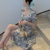 Korean Chic Vintage Daisy Print Dress Women Puff Sleeve Sundress Robe Femme High Waist A-line Summer Party Vestidos 210514