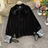 Women Solid Runway Violet Black Velvet Sequined Stand Collar Lace Up Bow Long Sleeve Shirt Blouse B0452 210514