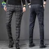 Autumn Winter England Plaid Thick Work Stretch Pants Men Business Fashion Slim Fit Grey Casual Pant Male Brand Trousers 38 211201