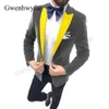 Gwenhwyfar High Quality Navy Velvet Men Suits Groom Party Tuxedo 2020 Fashion Show Stage Wear Gold Lapel Jacket Black Pants Sets X0909