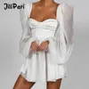 Casual Dresses JillPeri Women Lantern Sleeve Chic Corset Chiffon Dress White Summer Square Neck OL Elegant Outfit Sexy Party Mini