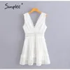 Sexy V-neck White Stitching Mini Casual Sleeveless Lace Summer Women Beach Backless Embroidered A-line Dress 210414