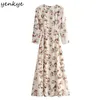 Vintage Prairie Chic Floral Print Wrap Long Maxi Dress Mujeres Cross V Neck Fajas A-line Chiffon Summer Robe 210514