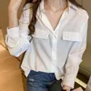 Women's Blouses Women's & Shirts Office Ladies Green Blue Women Simple Spring Autumn Button Up Long Sleeve Shirt Oversized Casual Chic