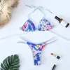 Conjunto de bikini con estampado floral azul para mujer, traje de baño sexy de estilo vendaje anudado, traje de baño dividido, traje de baño triangular con espalda descubierta y realce 2022