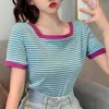 Yedinas Koreański styl kobiety T-shirt Casual Paski T Shirt Square Collar Dzianiny Tee Topy Krótki Rękaw Kobiecy Koszulki Lato 210527