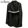 Grefling Women Blazer Dubbelbröst Långärmad Dam Black Coat Belt Två Piece Women's Loose Suit Jacka 210601