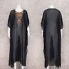 Богемский черный вышивка летняя пляжная одежда шифон Kaftan Beach Guird Tunic Ванна платье платье халат Plage плавать покрыть крышка Q960 210420