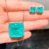 Ensemble de bijoux de luxe pour femmes, boucles d'oreilles et collier carré Paraiba Tourmaline, pierre de Fusion verte, cadeaux d'anniversaire de mariage CZ