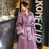 Autumn Women's Trench Coat Korean Haze Purple PU Leather Lace Up Waist Long Vintage Single Bresated 210427