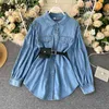 Chic Sashes Denim Jacket Women Turn-down Collar Slim Waist Double Pockets Femme Shirt Button All-match Blouse 210422