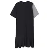 [EAM] Women Black Spliced Ruffles Casual Dress Round Neck Short Sleeve Loose Fit Fashion Spring Summer 1DD7150 210512