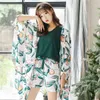 Mjuk Höst Sommar Kvinnor Pyjamas Set Floral Tryckt Sleepwear med Shorts Kvinnor Fritid Nightwear Suit 3 Pieces Pyjamas X0526