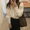 Chegada elegante tops mulheres camisa lace sólido francês lanterna manga v-pescoço estilo coreano solto blusa blusas 210525