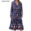 Bohemian Colored Floral Print Boho Dress V-neck Ruffles Long Sleeve Summer es Loose Chic Women Casual Maxi 2 colors 210429