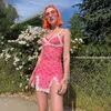 여성 레이스 업 체리 도트 프린트 섹시한 드레스 슬립 슬릿 귀여운 소녀 핑크 vestidos 민소매 v 넥 bodycon femme short mini 210412
