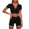 Damen-Fitness-Set, sexy Fitnesskleidung, langärmeliges T-Shirt, gerippte Yoga-Shorts mit hoher Taille, Hosen und nahtloser BH für das Training, schnell trocknend 3683421