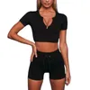 Conjunto de gimnasio para mujer, ropa deportiva sexy, camiseta de manga larga, pantalones cortos de yoga de cintura alta acanalados y sujetador sin costuras para entrenamiento de secado rápido 3919091