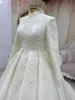 Vintage Islamic Muslim A Line Wedding Dresses Bridal Gowns Pattern Lace Appliques High Collar Long Sleeves Beading Arabic Dubai Formal Bride Dress 2022