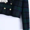 Zevity Women England Style Plaid Print Double Breasted Woolen Blazer Coat Vintage Long Sleeve Female Outerwear Chic Tops CT693 210603