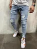 Men's Jeans Men Hip Hop Pants Light Color Stretchy Holes Skinny Biker Slim Denim Leisure Fashion Street High Quality Jean Trousers