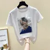 Kobiety Lato Top Black Tee Koszula Korea Styl Moda T-shirt Topy Bawełna Krótki Rękaw Aplikacje Biała Tshirt 210507