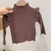 Filles champignon bord coton solide tricoté bas chemise automne bébé enfants filles mince élastique à manches longues T-shirt hauts P4 288 G1224