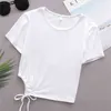 HSA Summer Women Shirts Sweet Lace-Up Hem Casual Mujer Kvinna Kortärmad Vit Hollow Out T-shirt Fritid Harajuku Topp 210417