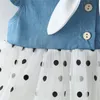 夏の赤ちゃんガールドレス幼児子供の服デニムネット糸飛んでいる帽子2pcのスーツの幼児の服210515