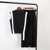 Summer Knitted Tank Black Top + High Waist Wide Leg Pants Set Women Sleeveless Vest Crop Two Piece 210520
