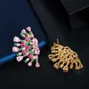 Symmetrical Punk Flower Green Pink Cubic Zirconia Large Stud Earrings for Women Luxury Jewelry Accessories CZ705 210714