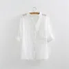 HSA Womens Fashion Blusa Vrouwelijke Solid Button Up Summer Tops Casual Cotton Linen Shirt Gedepakte blouse over 210430