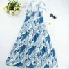 Sexy Adjust Spaghetti strap midi Dress Elegant Blue Animal Print Women Summer dress Casual Elastic Split vestidos 210520