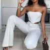 Women's Elegant White 2 Piece Set Strapless Sleeveless Crop Top and Long Flare Trousers Two Sets Sexy Lady Skinny Outfits 210603