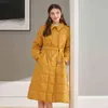 Winter Beige Women Turn Down Collar Single Breasted White Duck Long Parkas with Belt Loose Snow Coat Outwear 210430